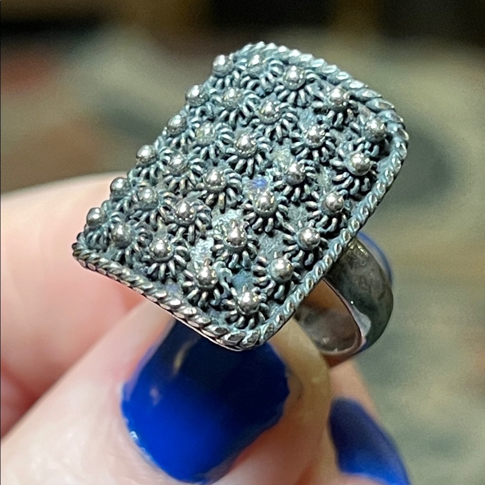 Vintage Etruscan Ornate Cannetille Flowers Sterling Silver 925 Statement Ring